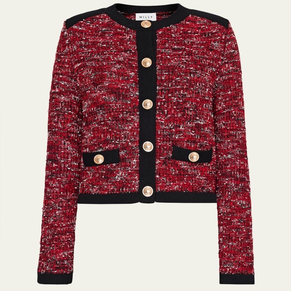 Milly Red Tweed Kelly Button-Down Knit Cardigan